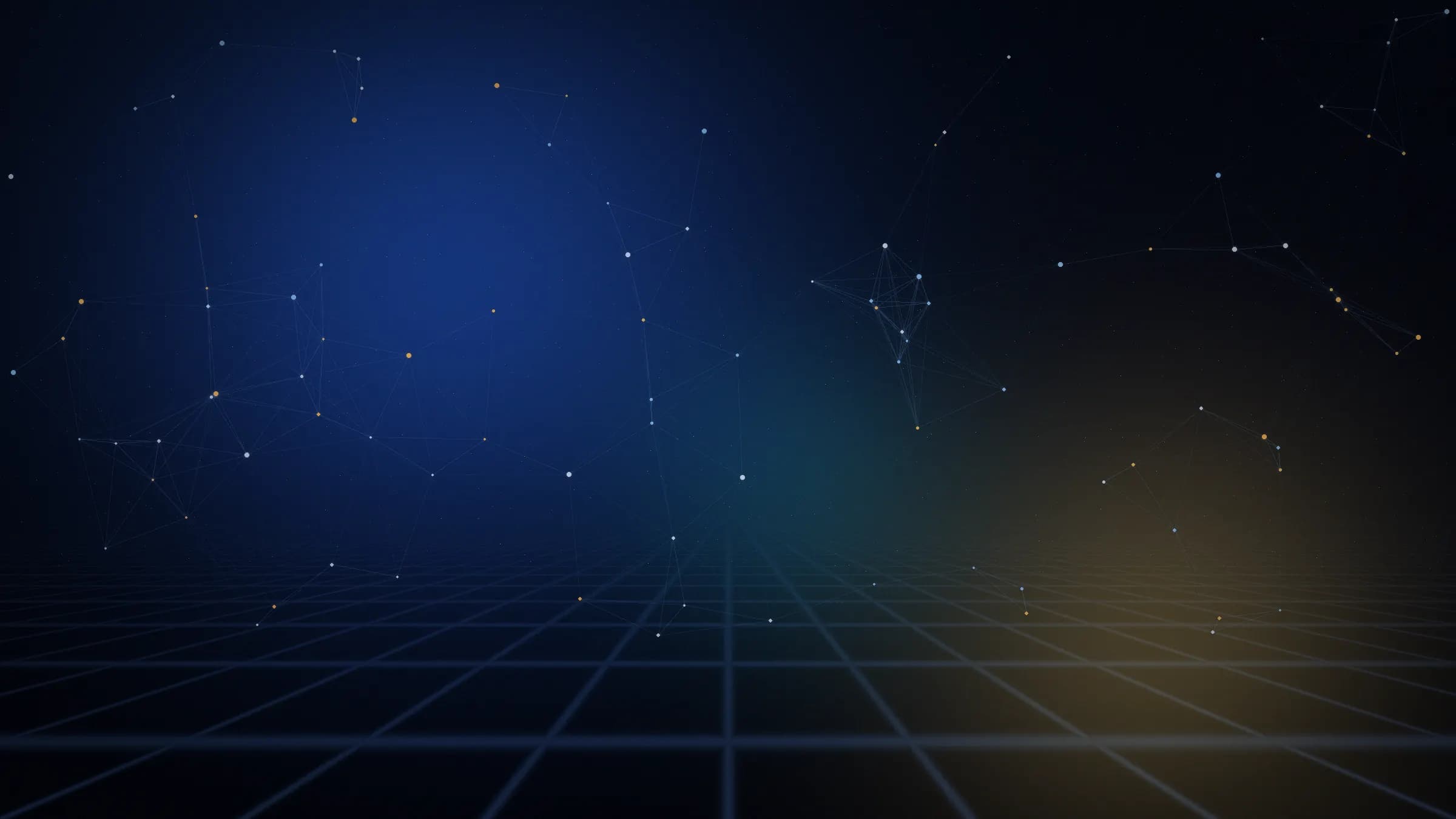 A blue validator network with gold nodes across a grid horizon