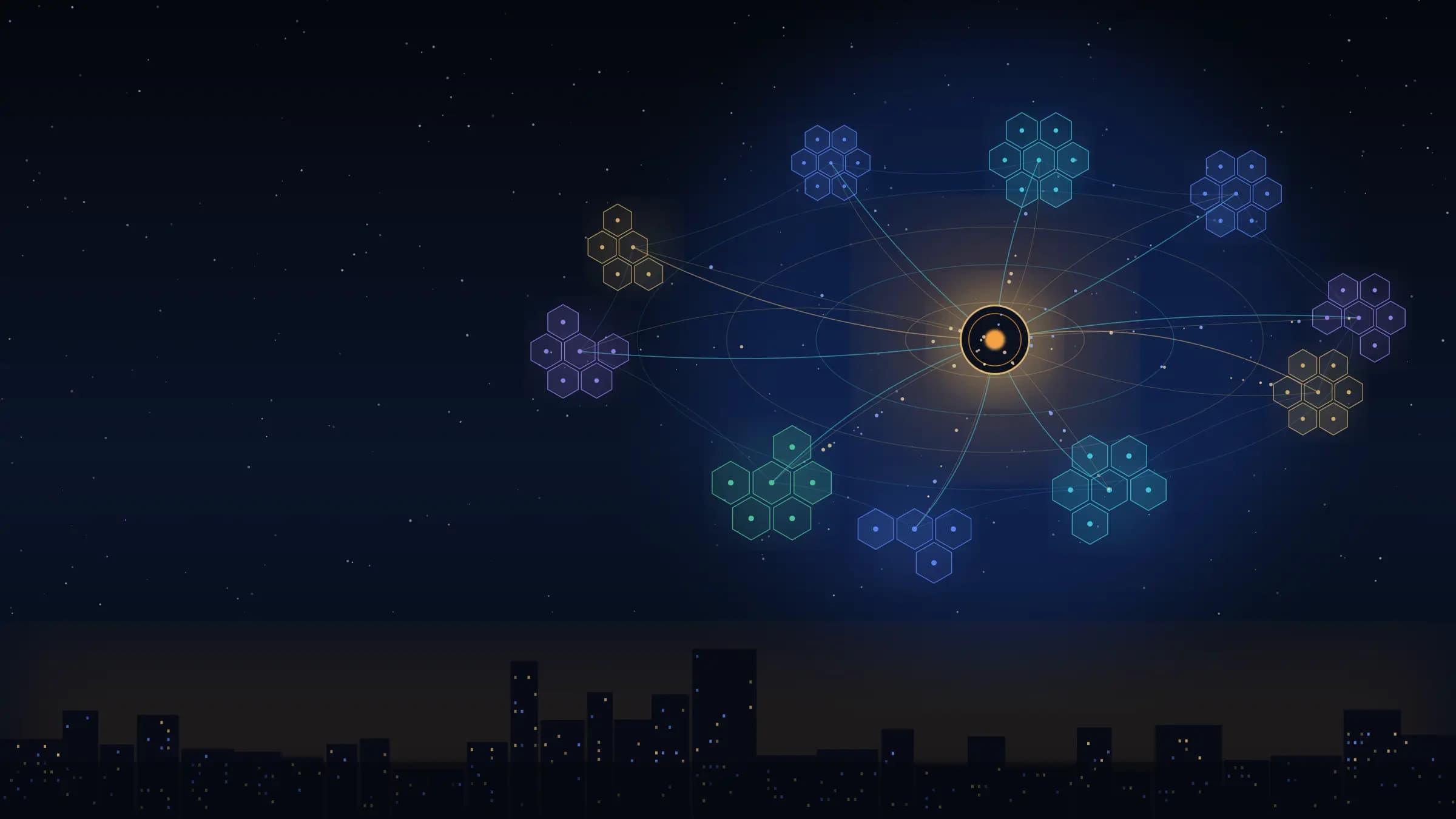 A multichain application network at night: a gold BitcoinAI hub linked by cyan and gold paths to clusters of connected chains, above a lit city skyline
