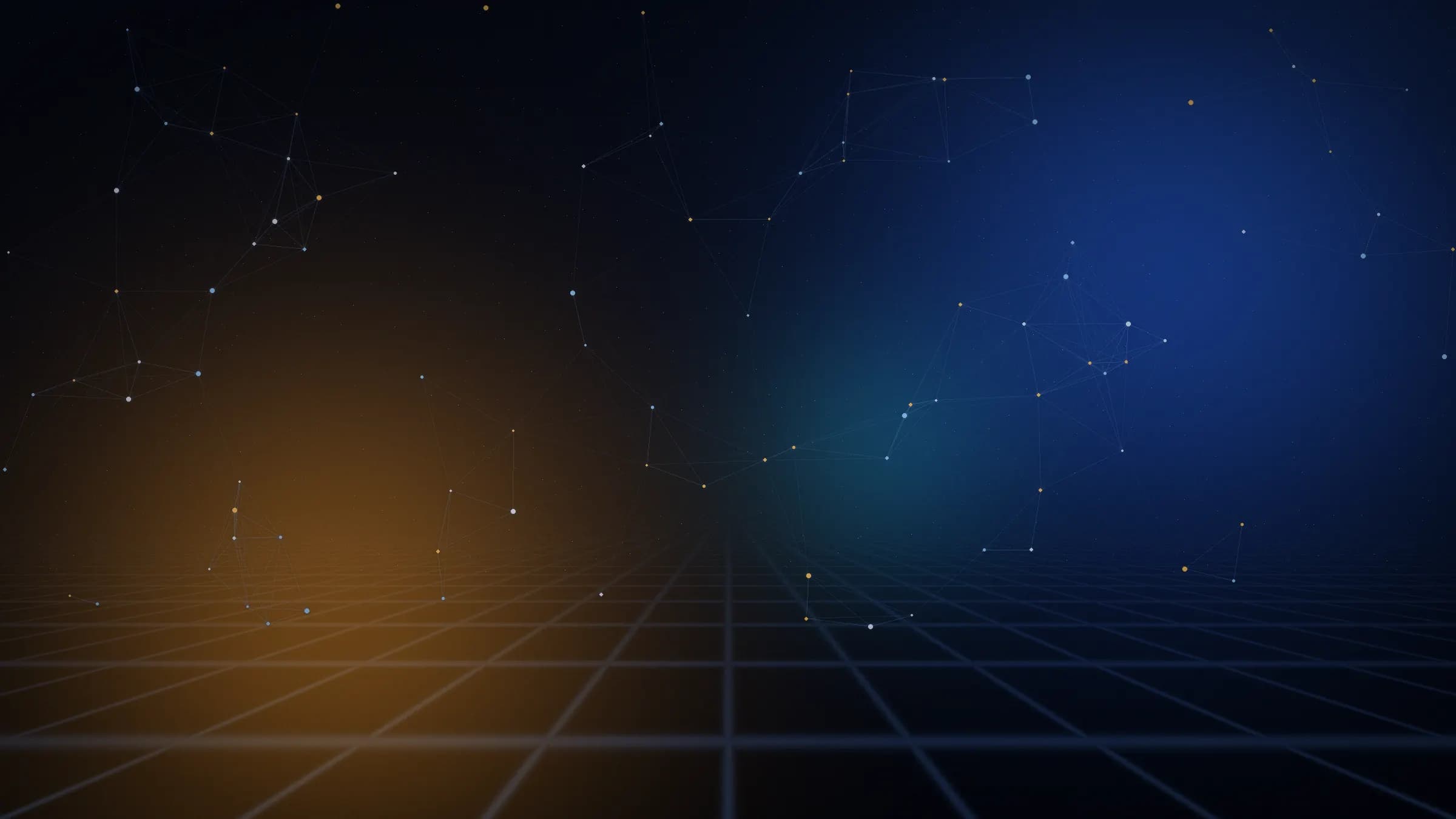 Warm Bitcoin-orange light meeting a blue AI network field above a luminous grid horizon