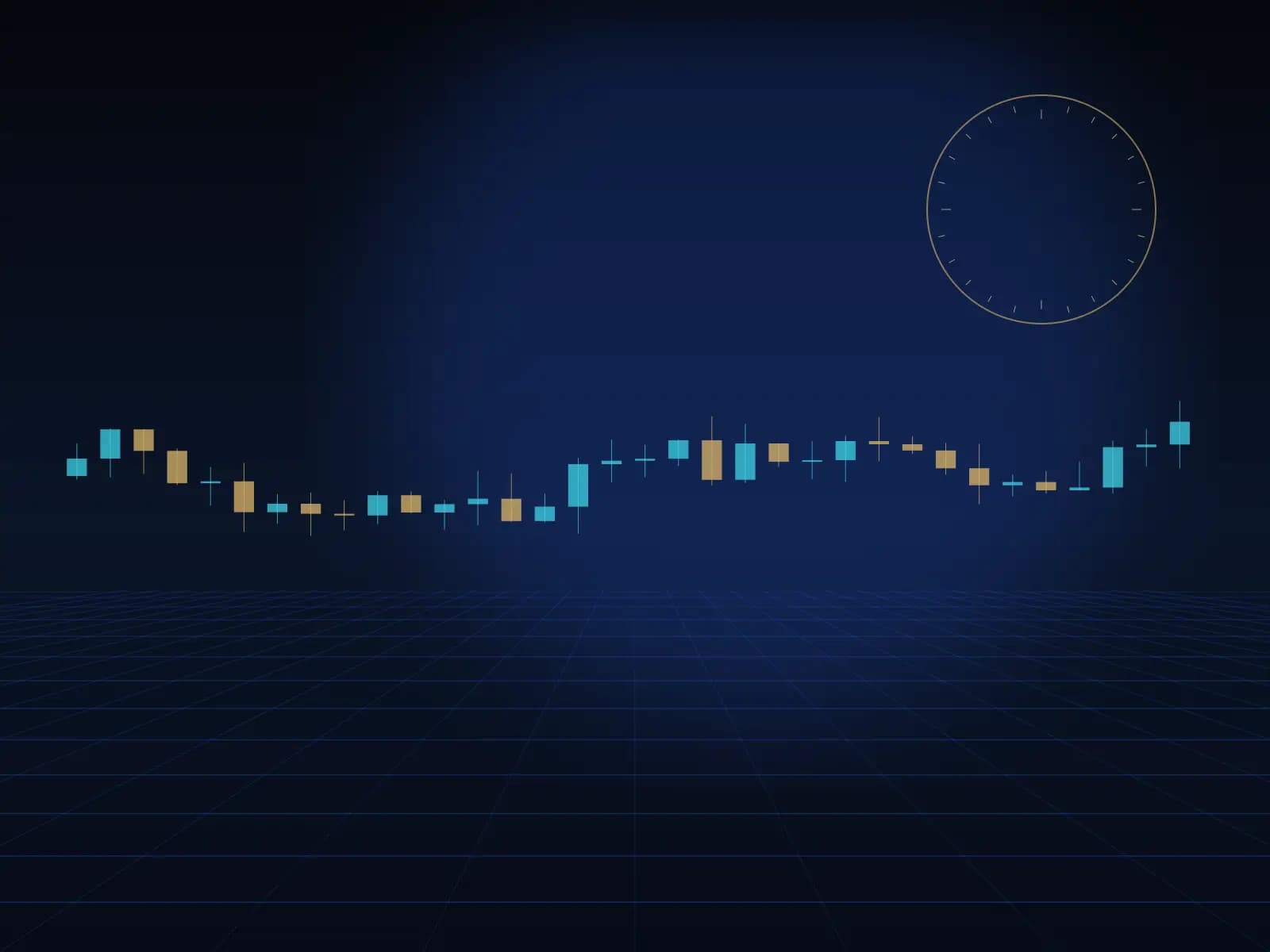 An abstract continuous market chart of cyan and gold candles beneath a 24-hour clock ring