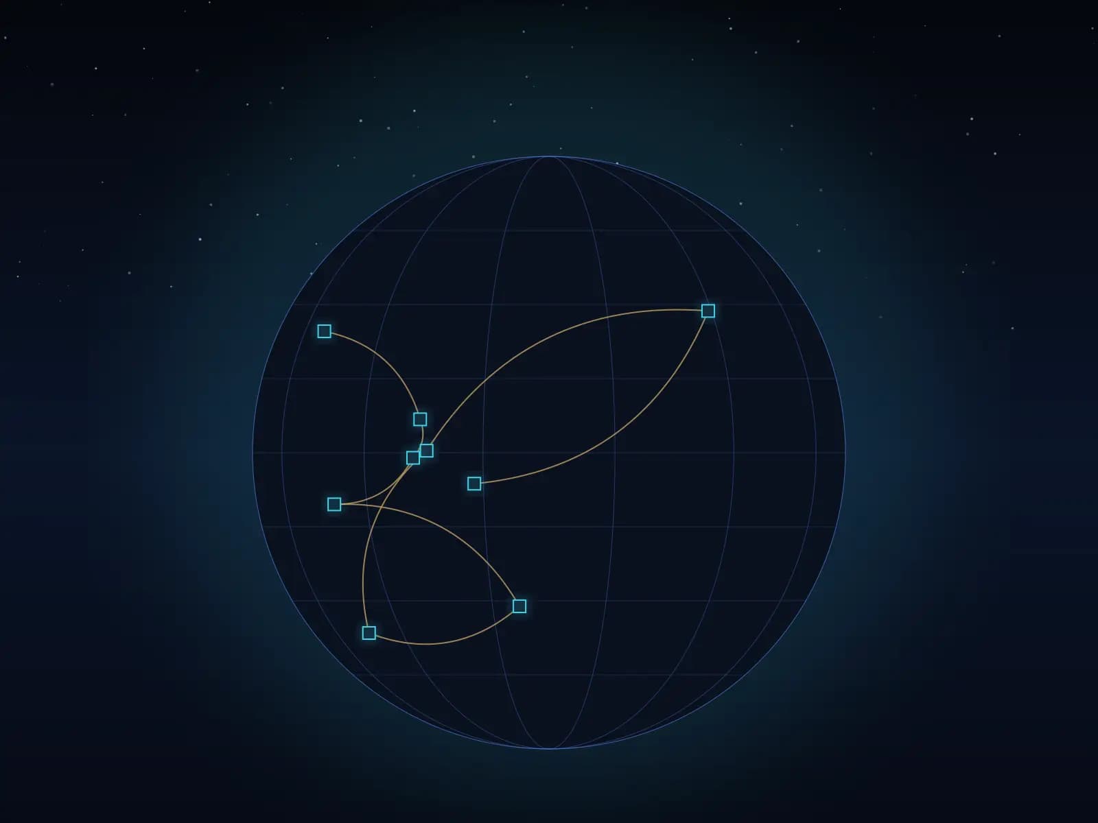 A wireframe globe with shipment nodes connected by gold routes
