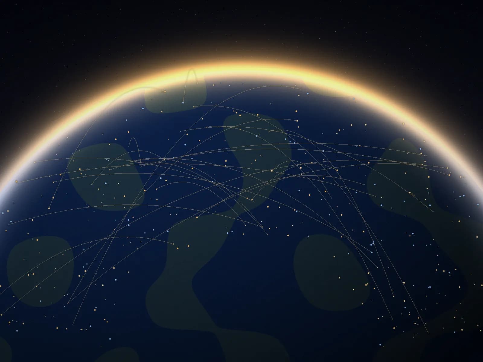 Earth at dawn seen from orbit, with a golden atmosphere and warm points of light connected across continents